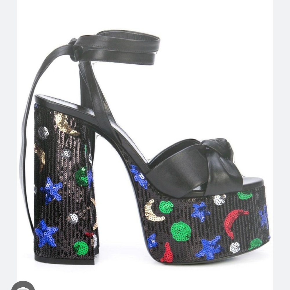Saint Laurent YSL Paige platforms NWT black leather, sequined moons & stars 37/7